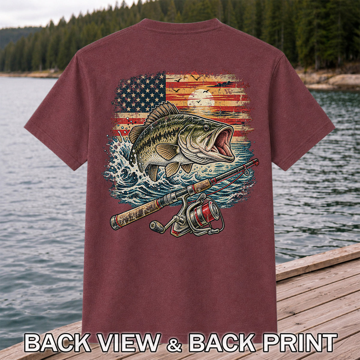 American Flag Largemouth Bass Fishing Graphic T-Shirt | Back Print