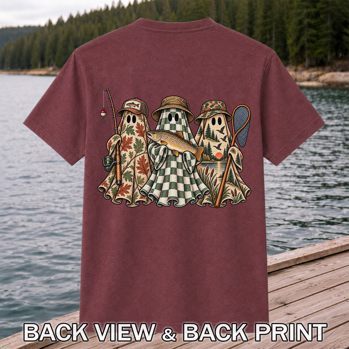 Autumn Ghost Trio with Brown Trout Halloween Fishing T-Shirt | Back Print