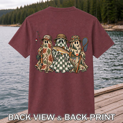 Autumn Ghost Trio with Brown Trout Halloween Fishing T-Shirt | Back Print