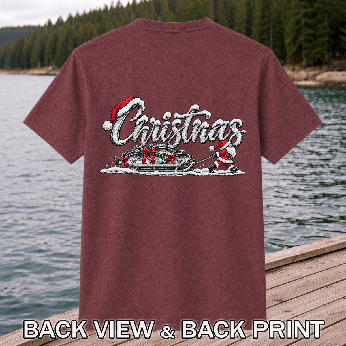 Christmas Santa Pulling Trout Fishing Sled Graphic T-Shirt | Back Print