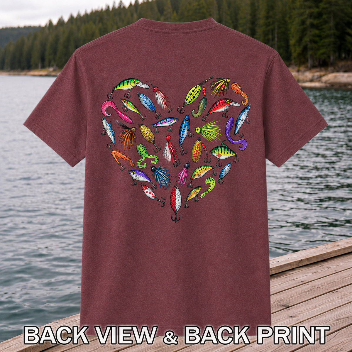 Colorful Fishing Lures in a Heart Shape Graphic T-Shirt | Back Print