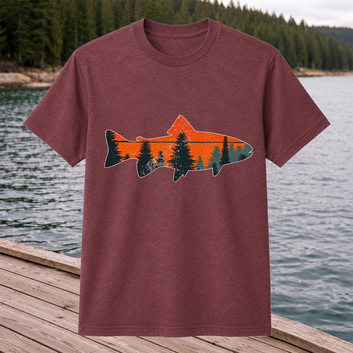 Trout with Mountain Sunset and Pine Forest Fishing Graphic T-Shirt