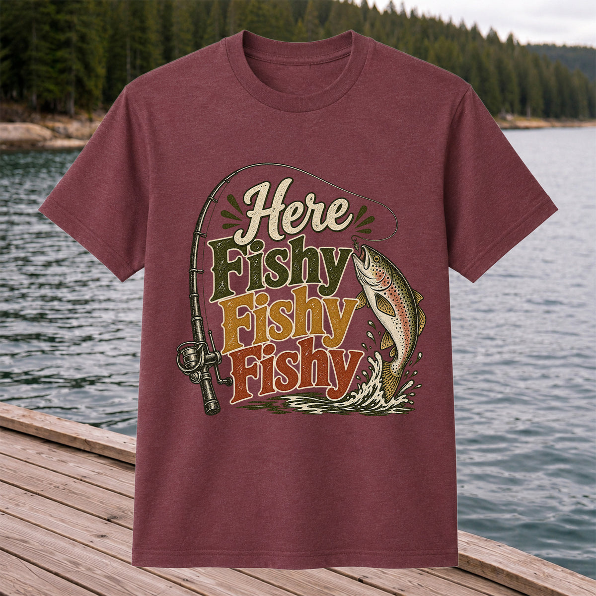 Here Fishy Fishy Fishy Rainbow Trout and Fishing Rod Retro T-Shirt