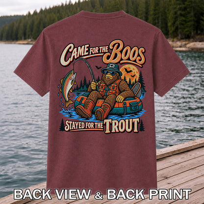 Came for the Boos Stayed for the Trout Bigfoot Halloween Fishing T-Shirt | Back Print