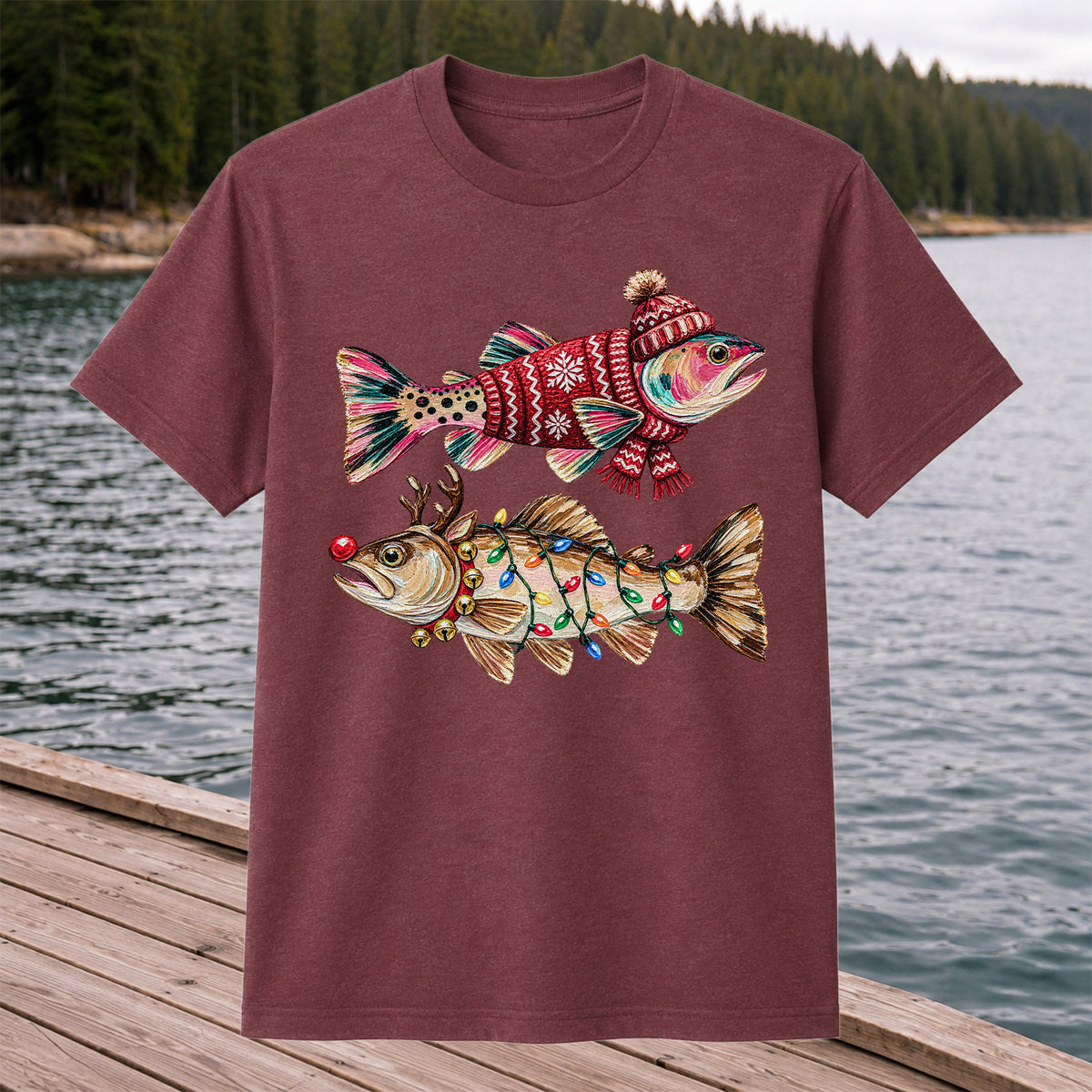 Festive Christmas Fish with Lights Fishing Graphic T-Shirt
