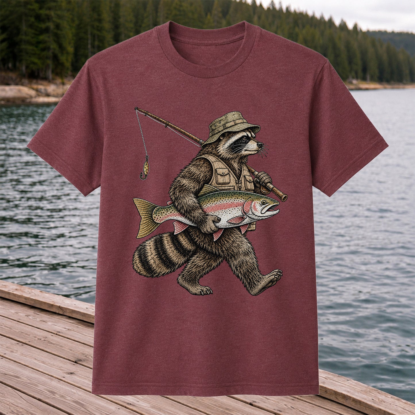 Raccoon Angler Holding Rainbow Trout Fishing Graphic T-Shirt