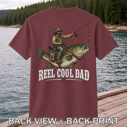 Reel Cool Dad Cowboy Riding a Bass Fishing Graphic T-Shirt | Back Print