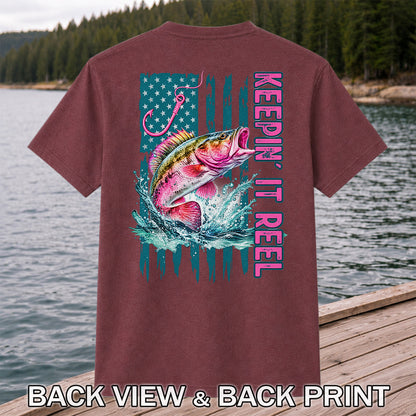 Keepin' It Reel Bass Fishing American Flag Graphic T-Shirt | Back Print