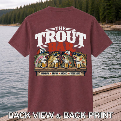 The Trout Bar Rainbow Brown Brook Cutthroat Funny Fishing T-Shirt | Back Print