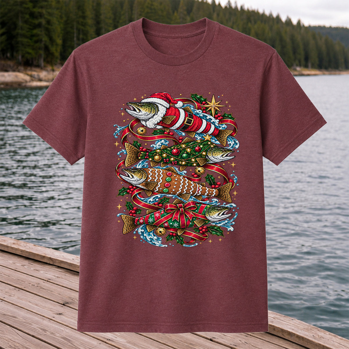 Santa and Gingerbread Trout Christmas Fishing Graphic T-Shirt