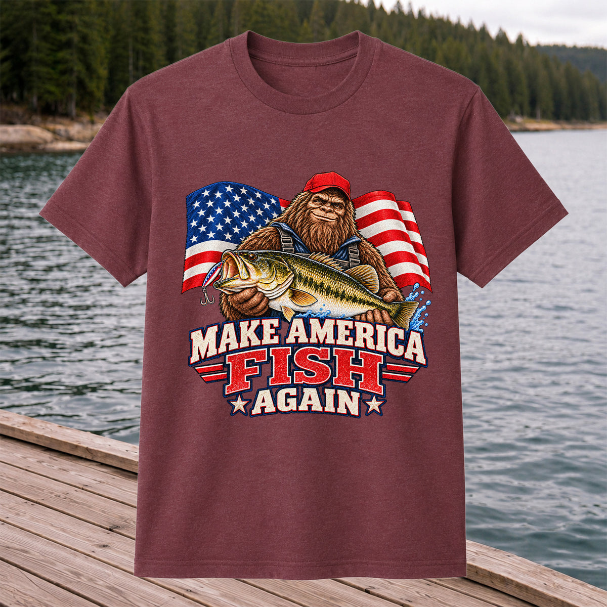 Make America Fish Again Bigfoot Bass Fishing T-Shirt