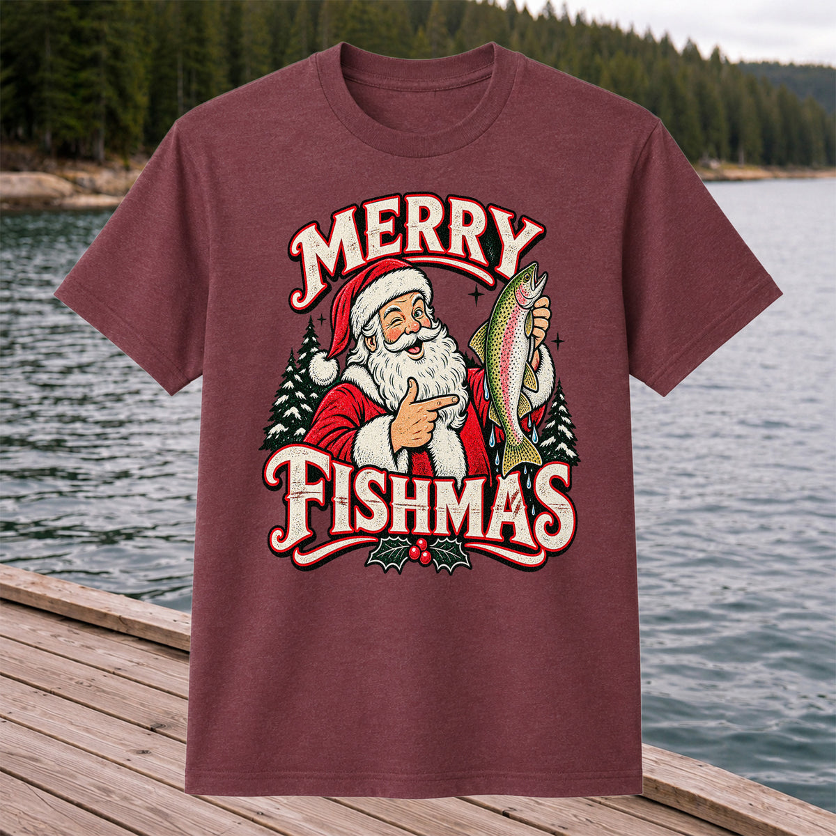 Merry Fishmas Santa Holding Rainbow Trout Christmas Fishing T-Shirt