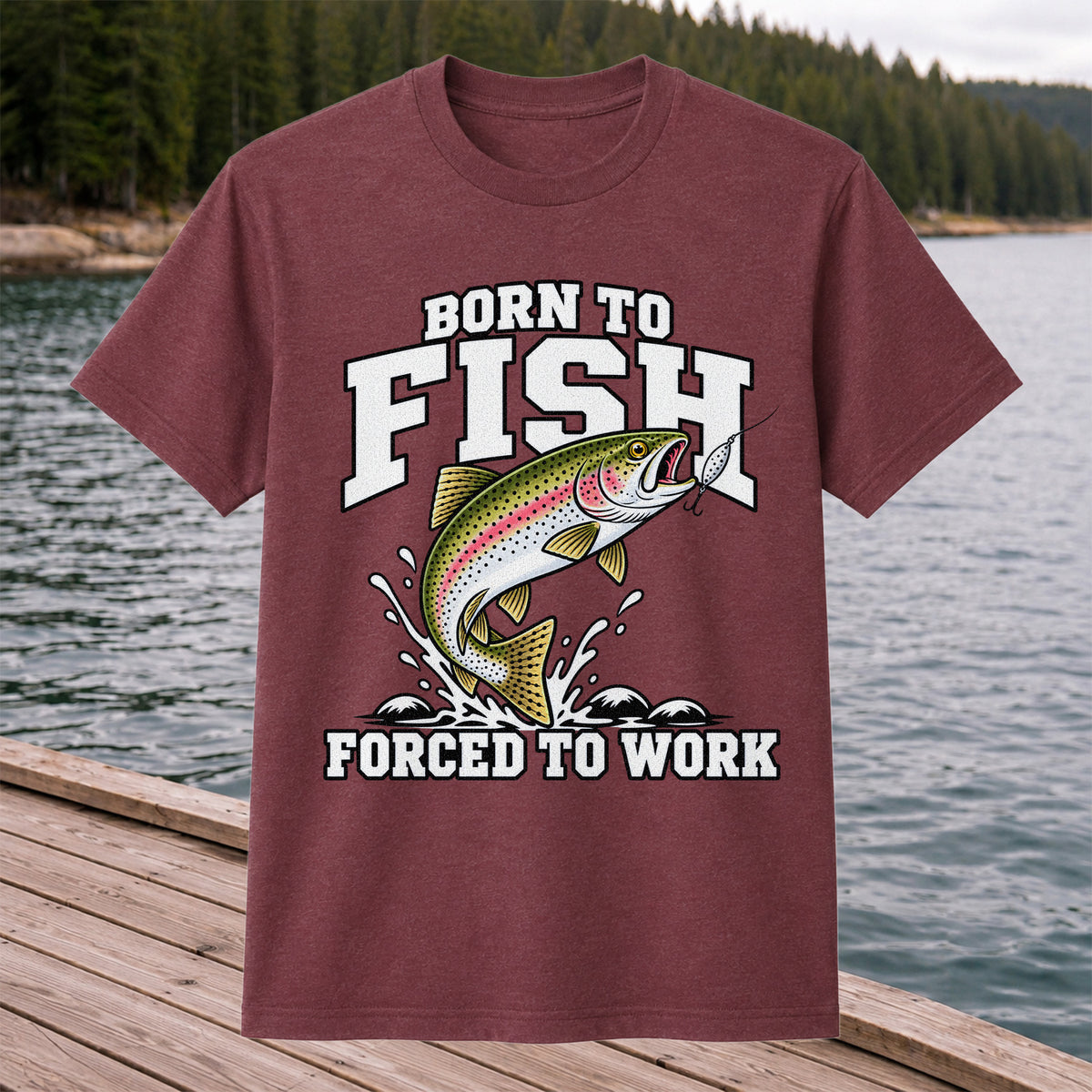 Born to Fish Forced to Work Rainbow Trout Fishing T-Shirt