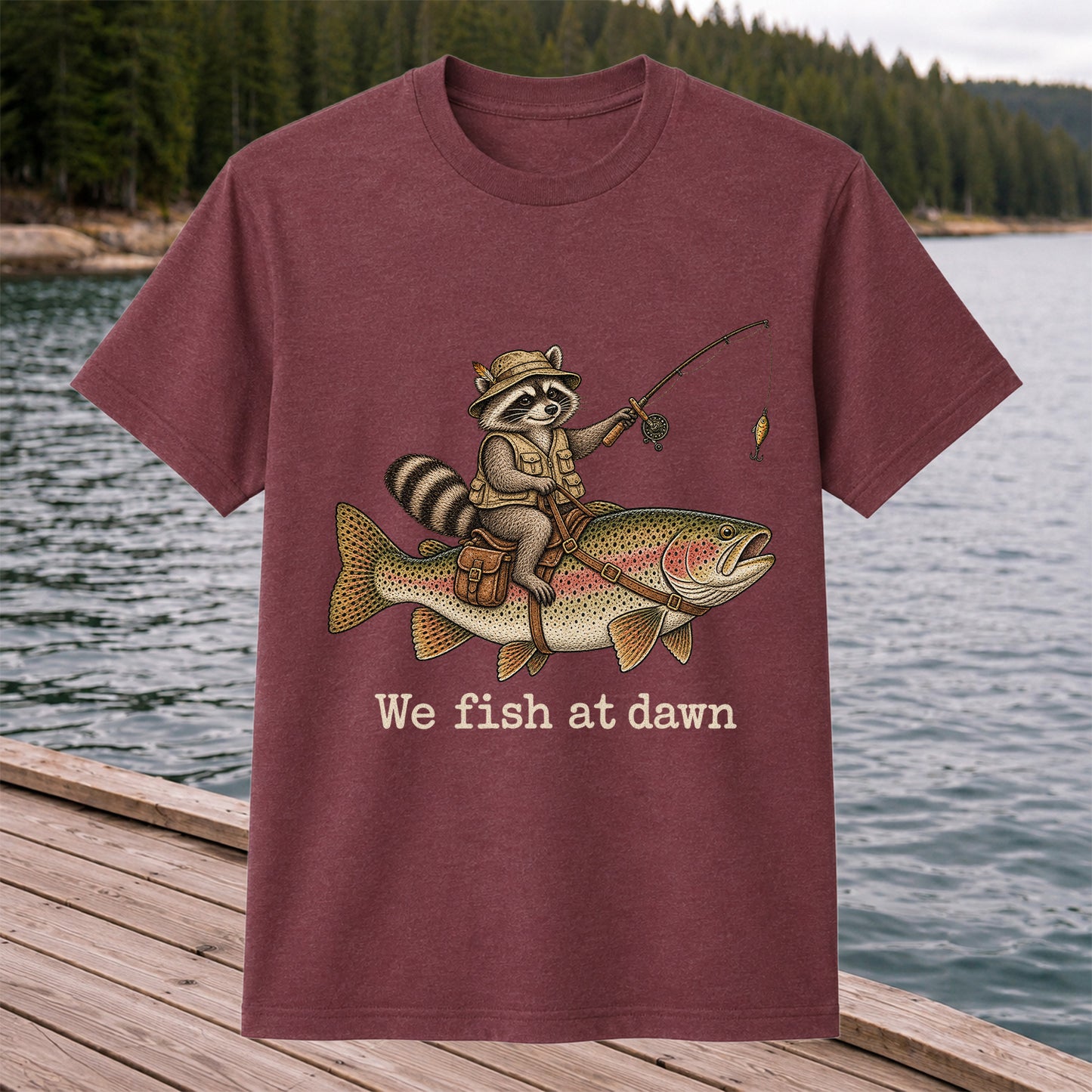 We Fish at Dawn Raccoon Riding a Rainbow Trout Fishing T-Shirt