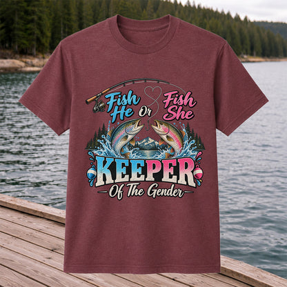 Fish He or Fish She Keeper of the Gender Rainbow Trout Fishing Gender Reveal T-Shirt