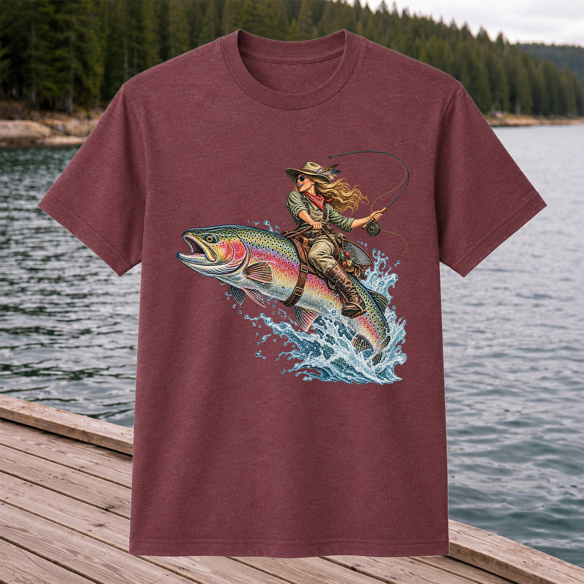 Cowgirl Riding a Rainbow Trout Fly Fishing Graphic T-Shirt