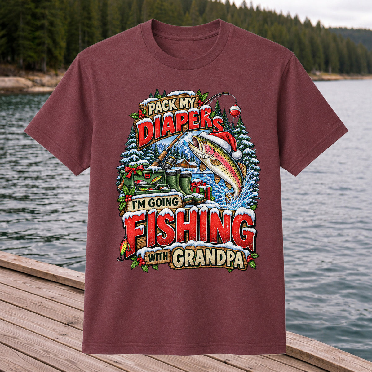 Pack My Diapers I'm Going Fishing With Grandpa Christmas Rainbow Trout T-Shirt