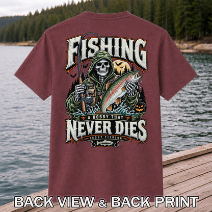 Fishing A Hobby That Never Dies Skeleton Holding Rainbow Trout Halloween T-Shirt | Back Print