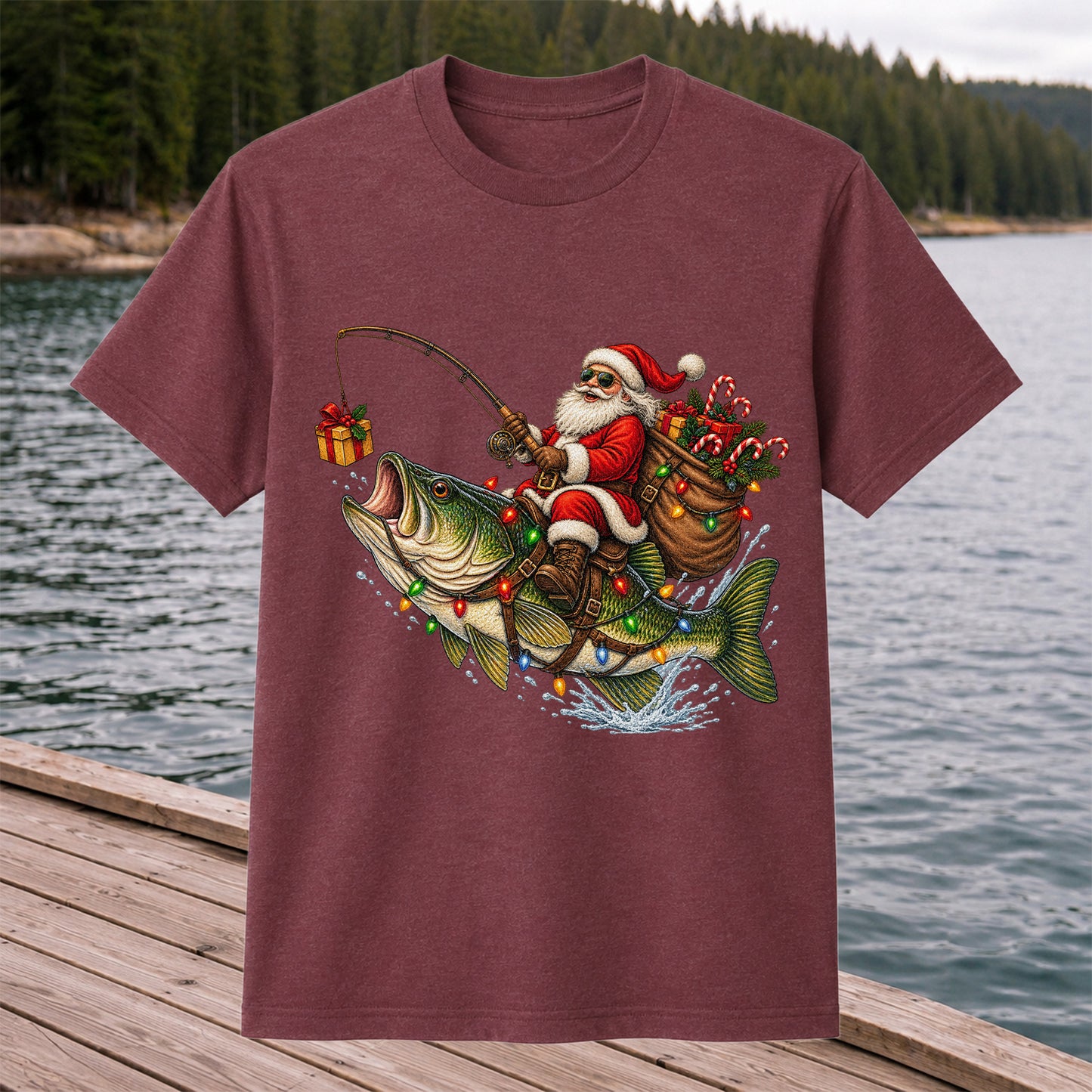 Santa Riding a Largemouth Bass Christmas Fishing Graphic T-Shirt