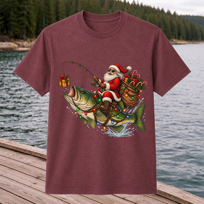 Santa Riding a Largemouth Bass Christmas Fishing Graphic T-Shirt