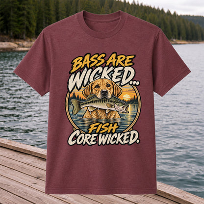 Bass Are Wicked Fish Core Wicked Dog Holding Bass Fishing T-Shirt