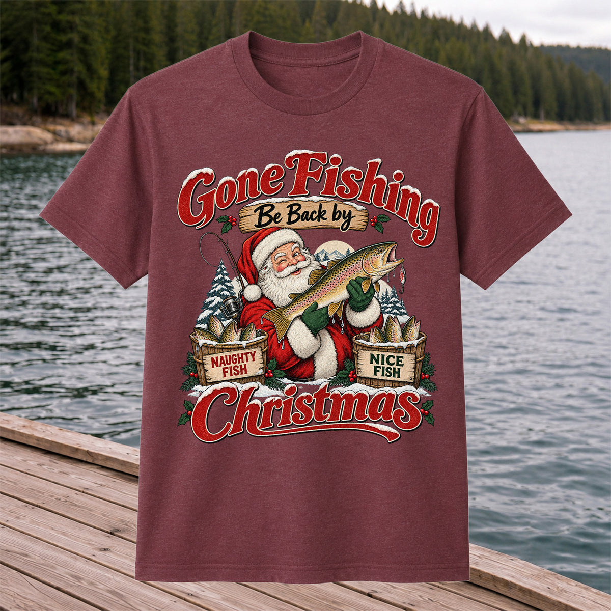 Gone Fishing Be Back by Christmas Santa Trout T-Shirt