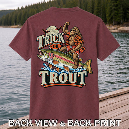 Trick or Trout Bigfoot Riding Rainbow Trout Halloween Fishing T-Shirt | Back Print