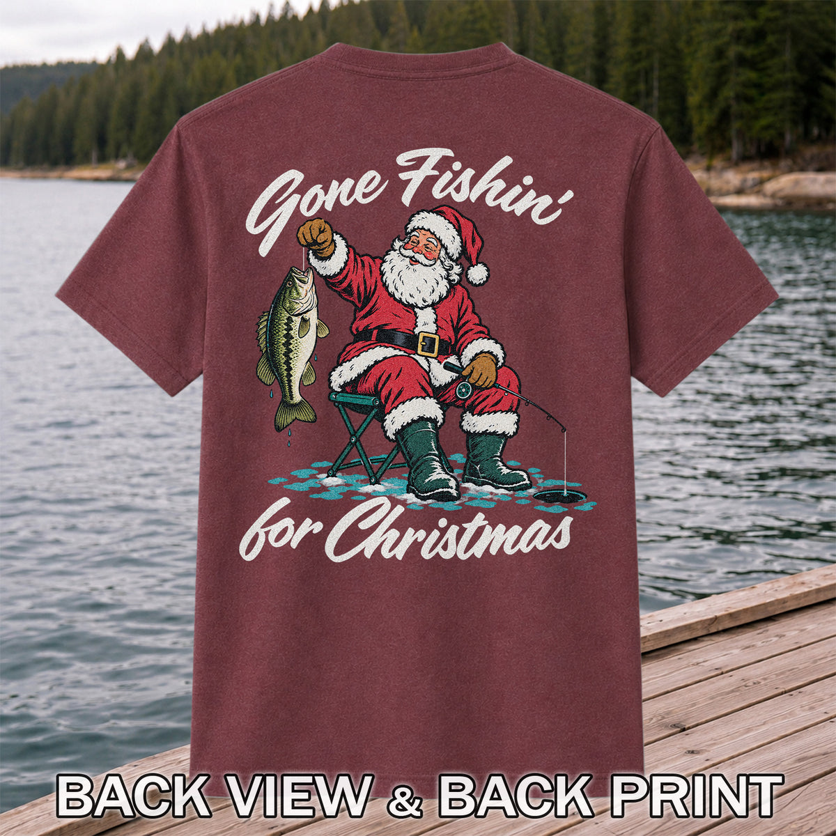 Santa Fishing with Bass Christmas Graphic T-Shirt | Back Print