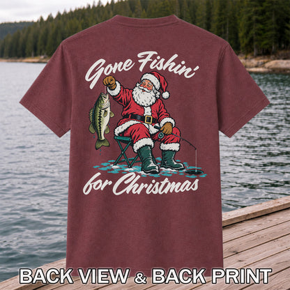 Santa Fishing with Bass Christmas Graphic T-Shirt | Back Print