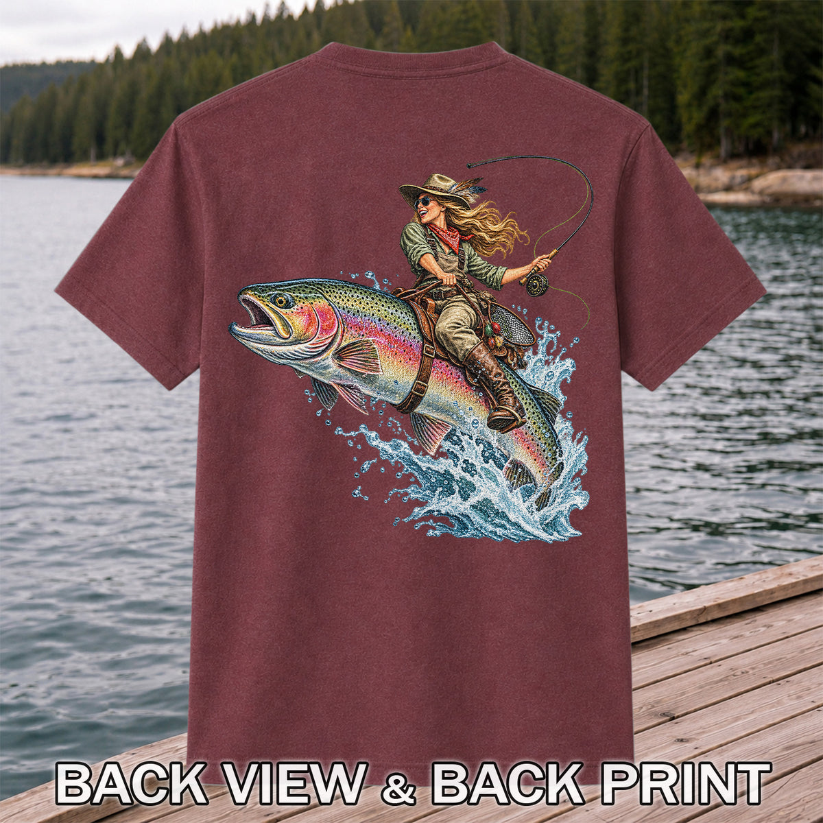 Cowgirl Riding a Rainbow Trout Fly Fishing Graphic T-Shirt | Back Print
