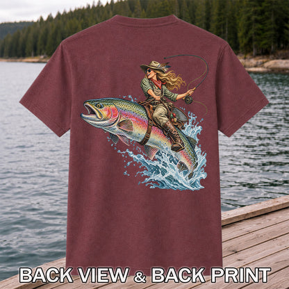 Cowgirl Riding a Rainbow Trout Fly Fishing Graphic T-Shirt | Back Print