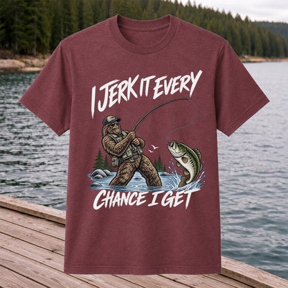 Jerk It Every Chance I Get Bigfoot Fishing Graphic T-Shirt