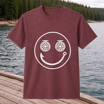 Fishing Reel Eyes Smiley Face Minimalist Graphic T-Shirt