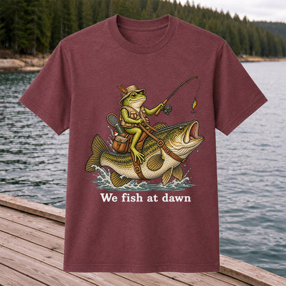 We Fish at Dawn Frog Riding Largemouth Bass Funny Fishing T-Shirt