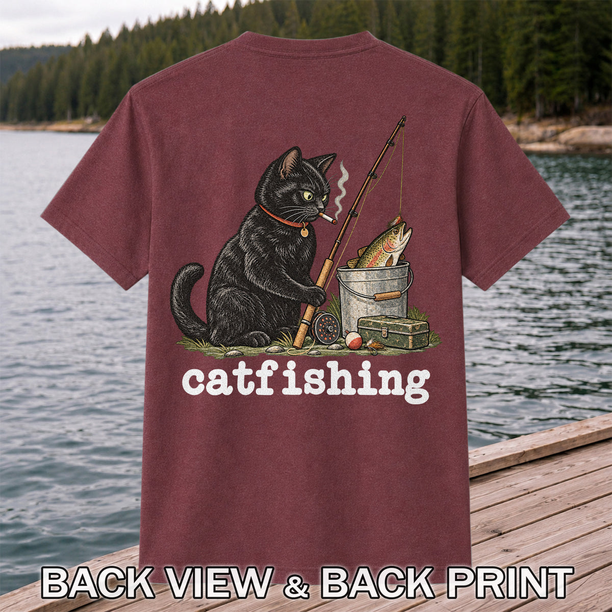 Catfishing Smoking Black Cat with Fishing Rod Funny T-Shirt | Back Print