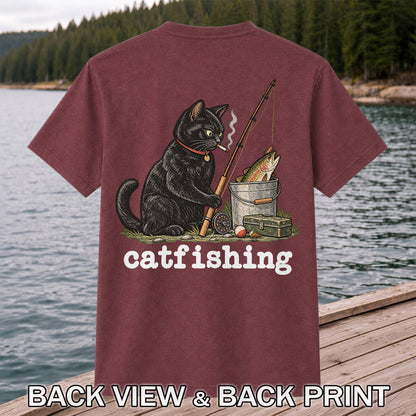 Catfishing Smoking Black Cat with Fishing Rod Funny T-Shirt | Back Print