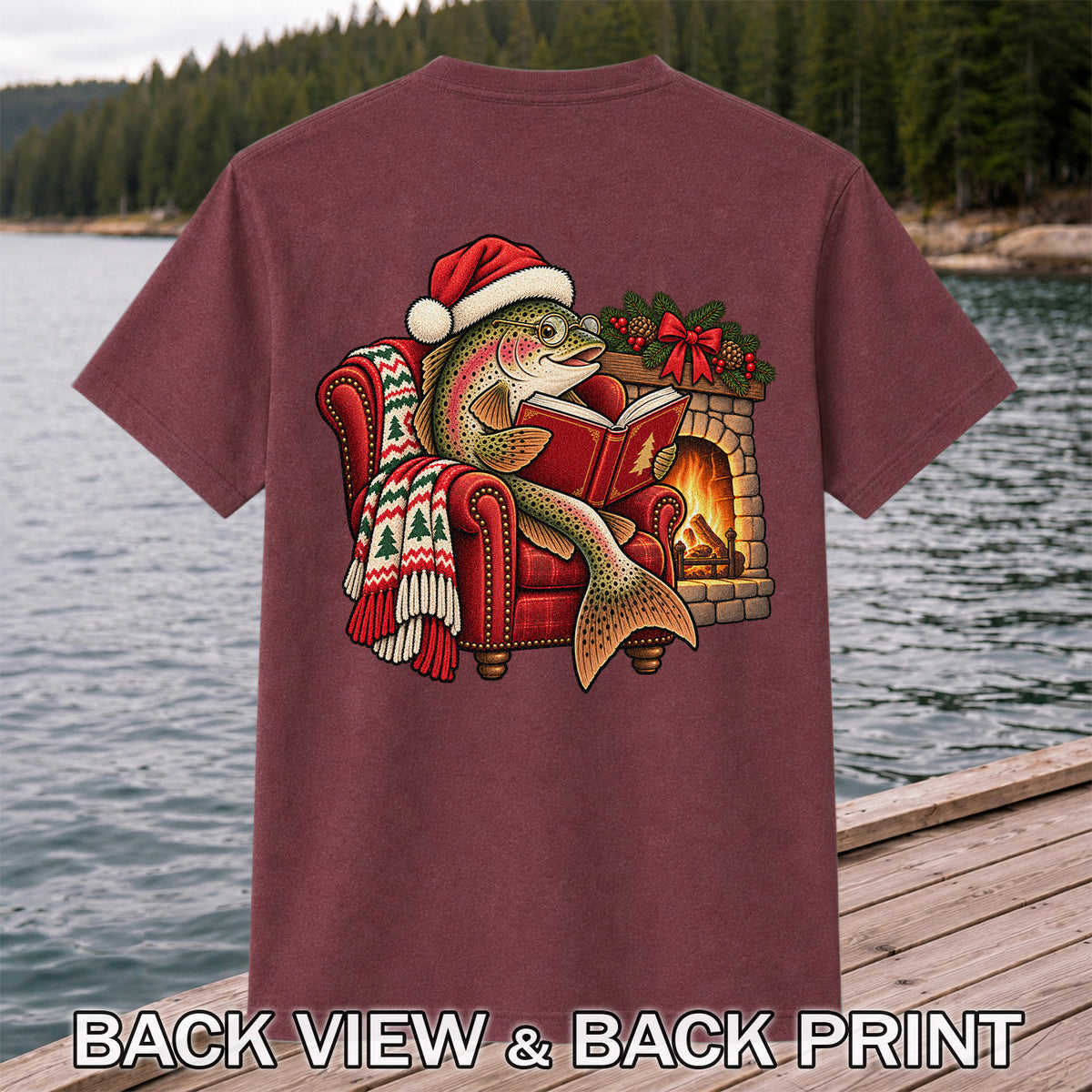 Christmas Trout Reading by the Fireplace Fishing T-Shirt | Back Print