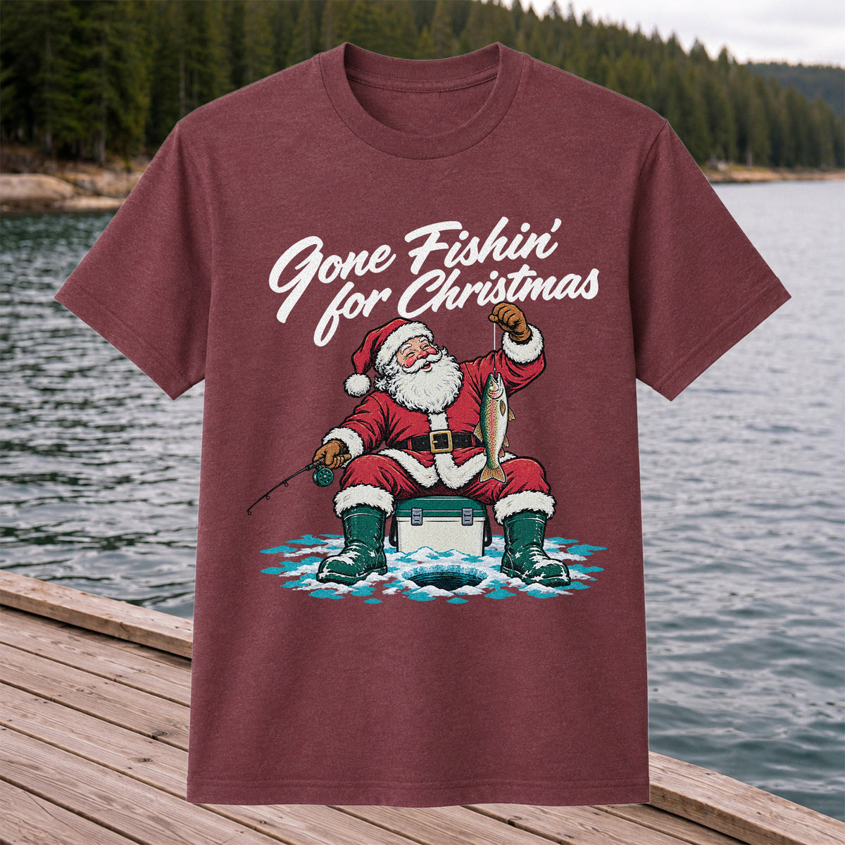 Santa Claus Ice Fishing Christmas Graphic T-Shirt