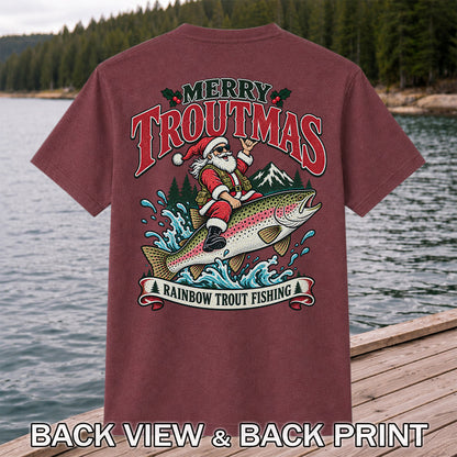 Merry Troutmas Santa Riding a Rainbow Trout Christmas Fishing T-Shirt | Back Print