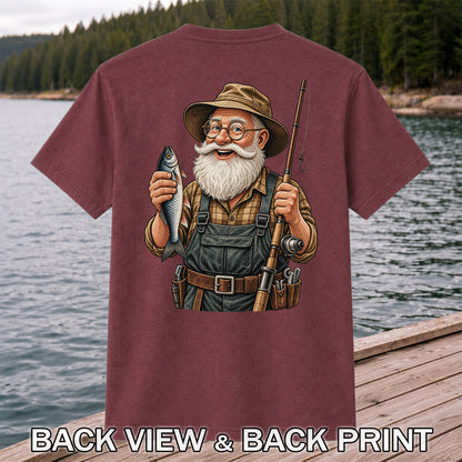 Bearded Angler Holding a Fish and Fishing Rod Graphic T-Shirt | Back Print