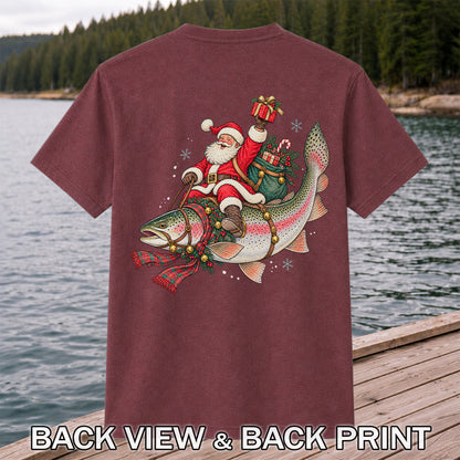 Santa Riding a Festive Rainbow Trout Christmas Fishing Graphic T-Shirt | Back Print