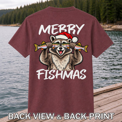 Merry Fishmas Raccoon Rainbow Trout Christmas Fishing T-Shirt | Back Print