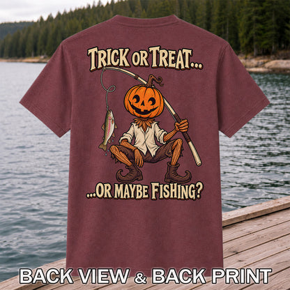 Trick or Treat Or Maybe Fishing Pumpkin Angler with Trout Halloween T-Shirt | Back Print