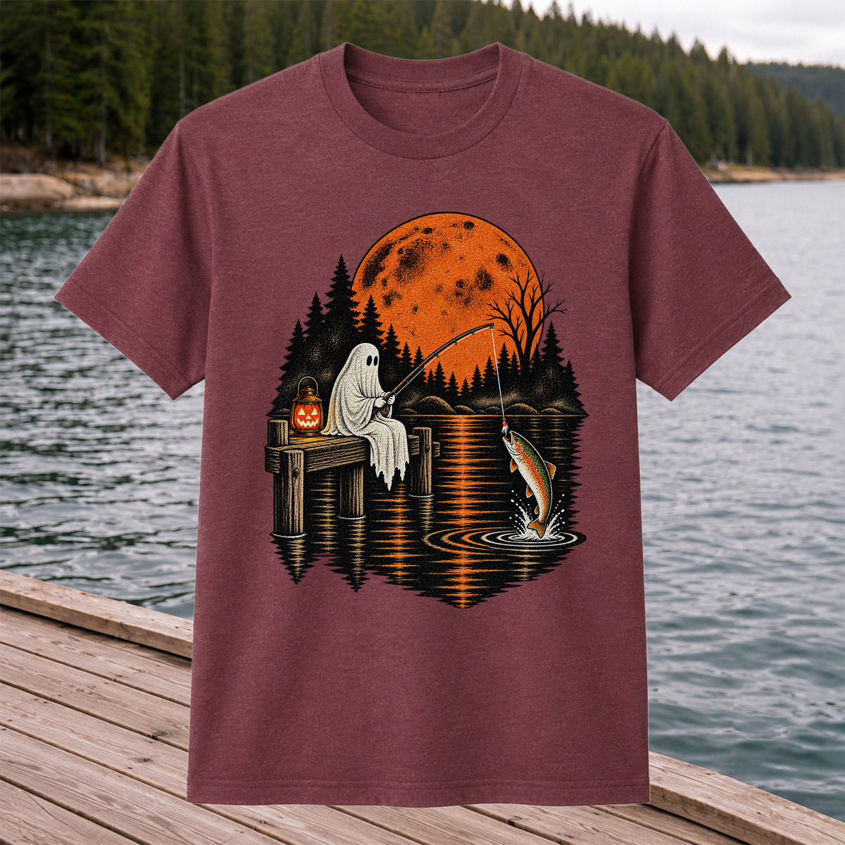 Ghost Fishing for Rainbow Trout Under an Orange Moon Halloween T-Shirt