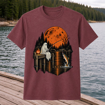 Ghost Fishing for Rainbow Trout Under an Orange Moon Halloween T-Shirt