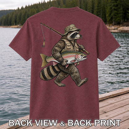 Raccoon Angler Carrying Rainbow Trout and Fishing Rod Graphic T-Shirt | Back Print