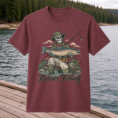 Forever Fishing Skeleton Angler Holding Rainbow Trout Graphic T-Shirt