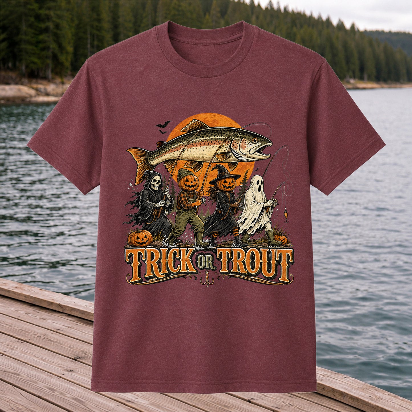 Trick or Trout Halloween Fishing T-Shirt, Vintage Trout Angler Tee