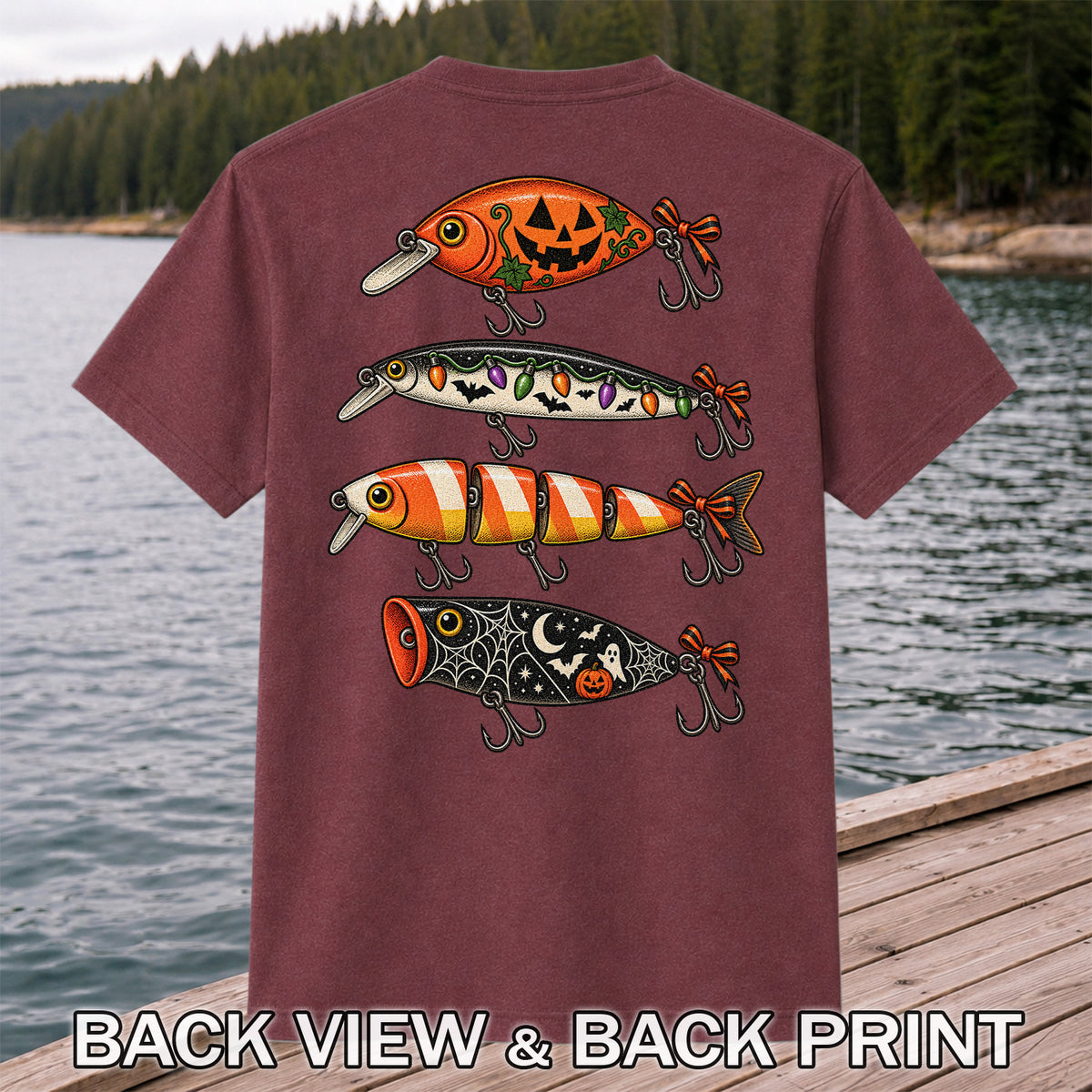 Halloween Fishing Lures with Pumpkin, Ghost and Candy Corn Graphic T-Shirt | Back Print