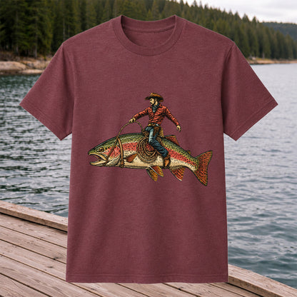 Cowboy Riding Rainbow Trout T-Shirt Vintage Western Fishing Tee